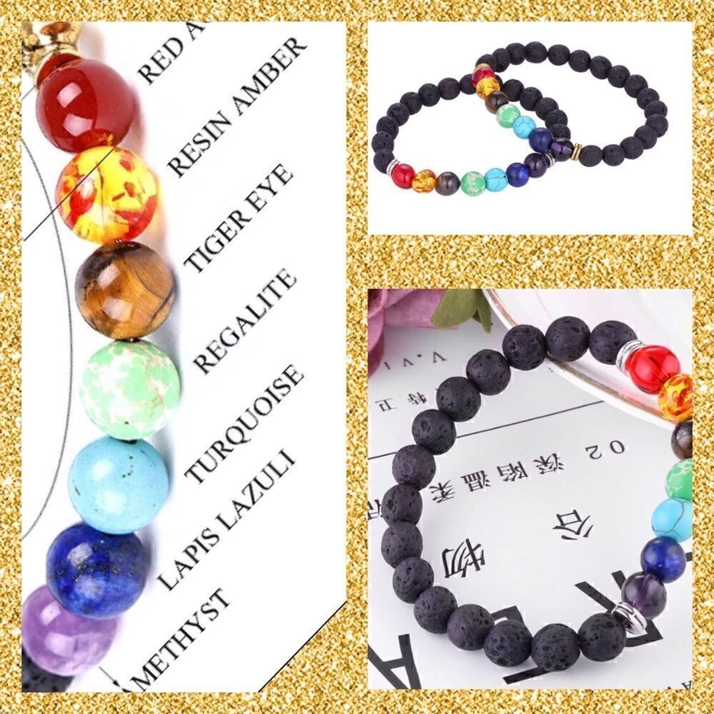 (3) Essential Oil Diffuser Chakra Black Lava Rock Stone Bead Bracelets, Gold